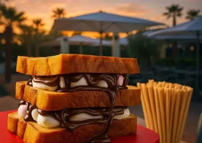 Sandwich sucré avec chocolat et guimauves au coucher du soleil