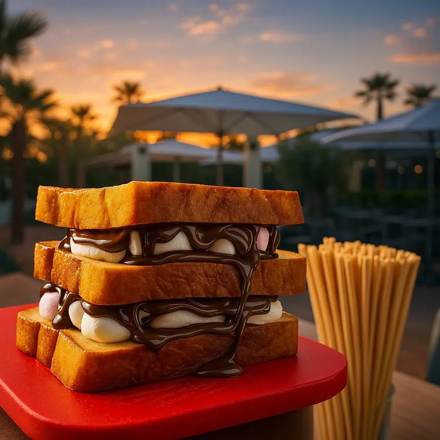 Sandwich sucré au chocolat et guimauves Sandwich sucré avec chocolat et guimauves au coucher du soleil