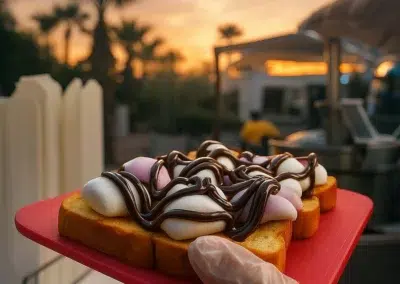 Toast garni de guimauves et chocolat au coucher du soleil.